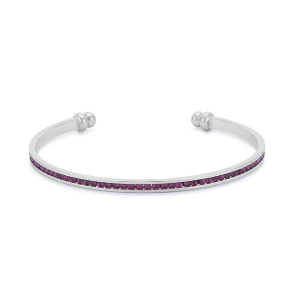 Open cuff bracelet with a channel-set row of purple stones in a white-toned metal