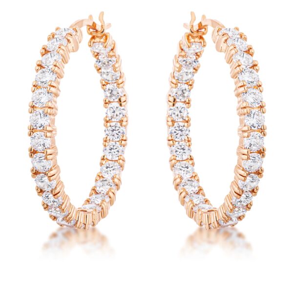 Rose gold plated hoop earrings lined with round cubic zirconia stones set in prongs