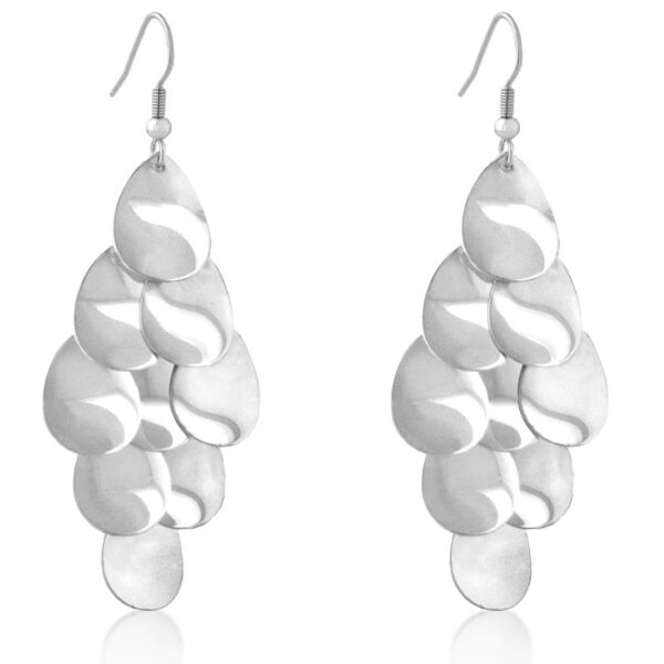 Pair of silvertone earrings with a textured metal design against a plain background