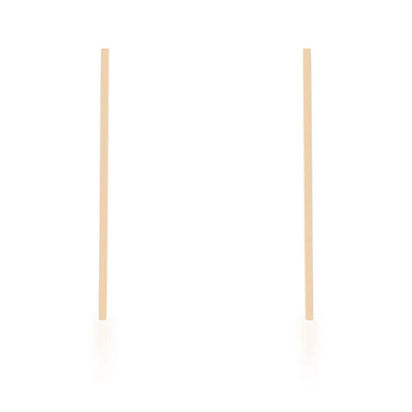 Pair of goldtone line drop earrings laid flat, showing their slim linear shape