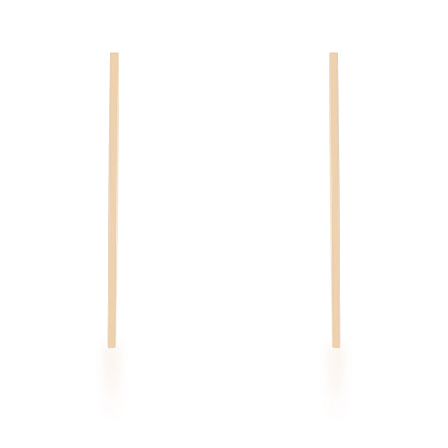 Pair of goldtone line drop earrings laid flat, showing their slim linear shape