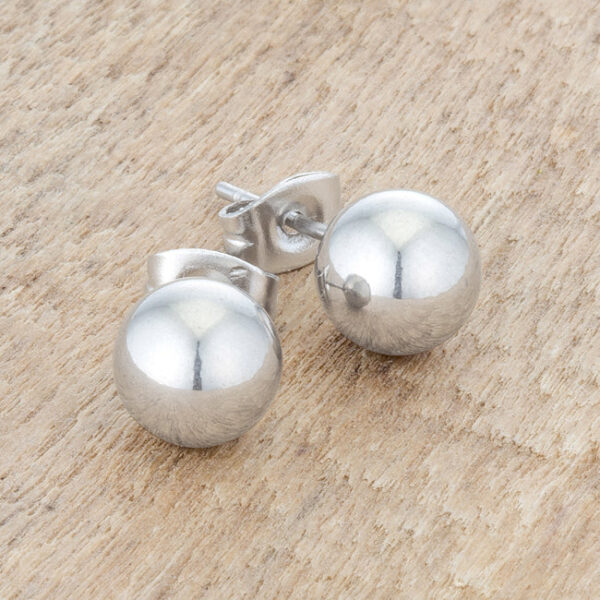 Rhodium plated sphere stud earrings displayed at an angle showing the post and back