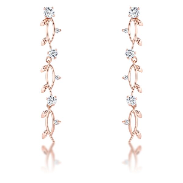 Rose gold plated vine design earrings with round cubic zirconia stones in prong settings