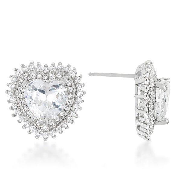 Close-up of one heart-shaped earring showing pave-set stones and metal edging