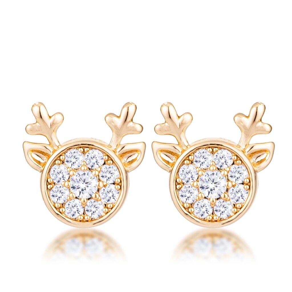 Pair of gold plated reindeer-shaped earrings with clear CZ stones set throughout