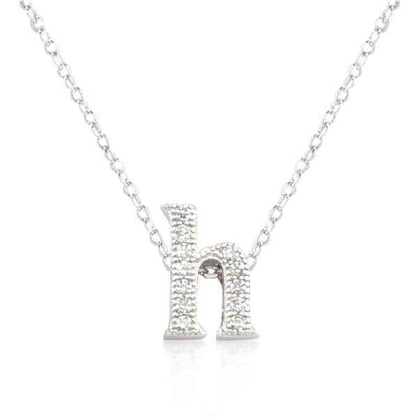 Rhodium plated initial H pendant covered in small pave-set round cubic zirconia stones