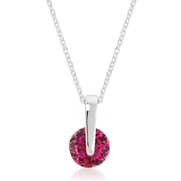 Rhodium plated pendant with a round red cubic zirconia in a tension setting, shown on its link chain