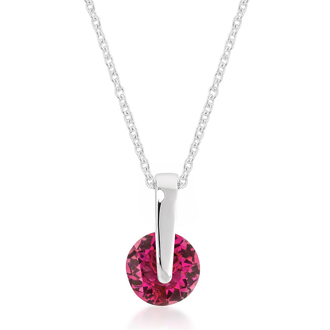 Rhodium plated pendant with a round red cubic zirconia in a tension setting, shown on its link chain