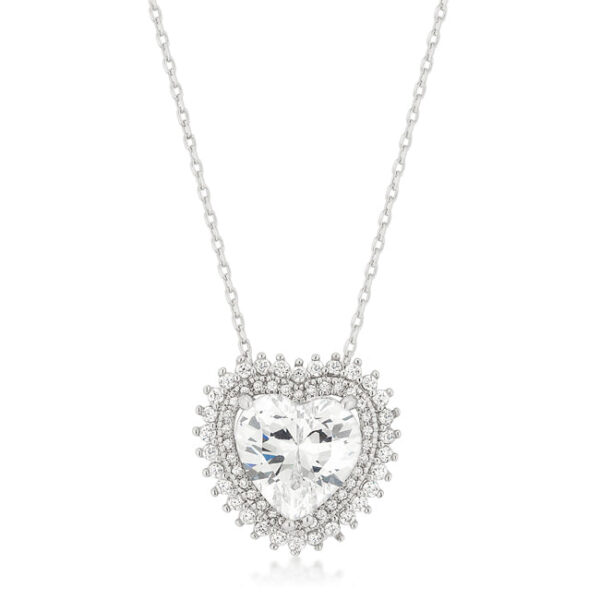 Heart-shaped pendant with pave-set cubic zirconia stones on a chain, laid flat