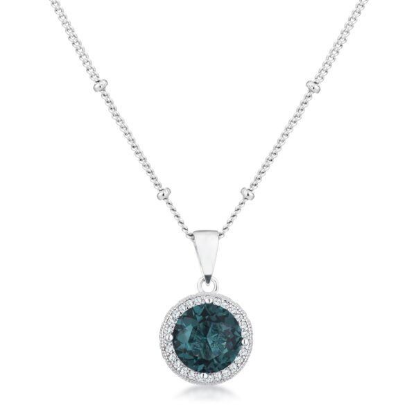 Round blue-green CZ pendant with a clear crystal halo on a silvertone satellite chain