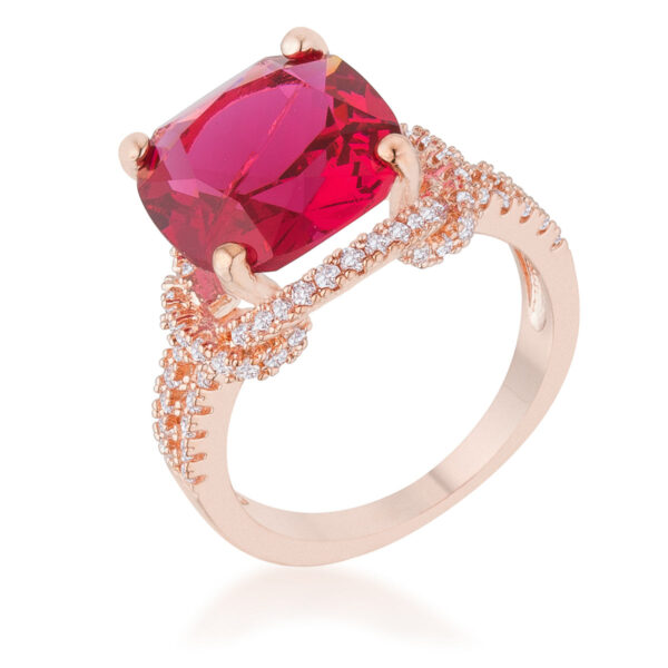 Rose goldtone statement ring with a large ruby-colored cubic zirconia center stone in a prong setting