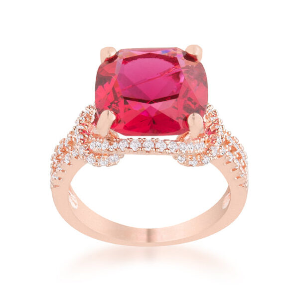 Side angle of the rose goldtone ring showing the band width and stone height