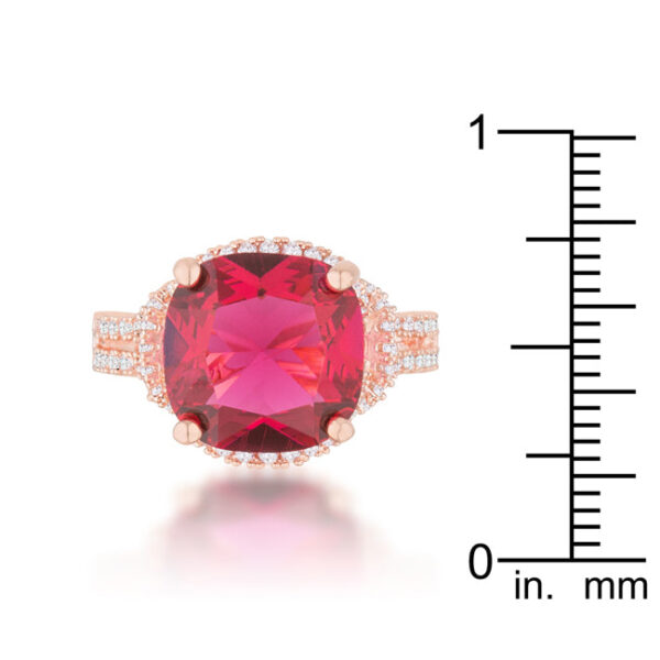 Close-up of the prong setting holding the ruby-colored cubic zirconia stone