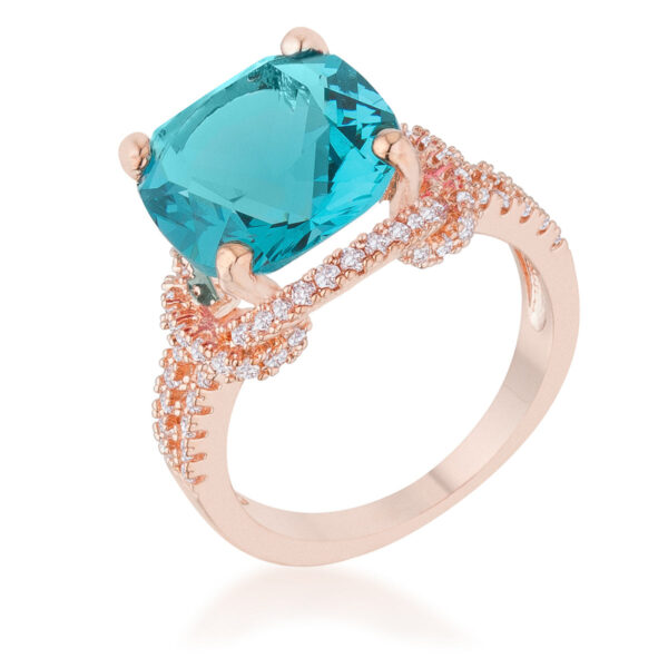 Rose goldtone plated ring with a large aqua cubic zirconia stone held by prongs, front view