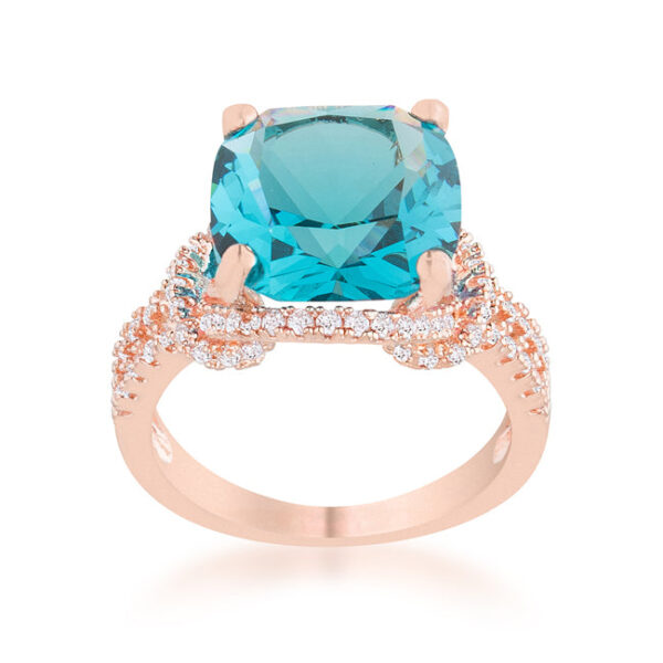 Side angle of the rose goldtone plated ring showing the band width and prong setting