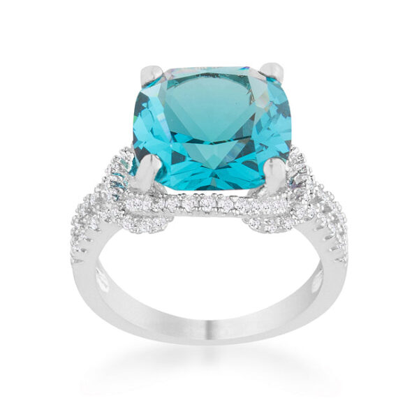 Side angle of the aqua cubic zirconia ring showing the prong setting and band width