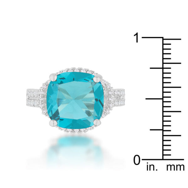 Close-up of the aqua cubic zirconia ring highlighting the stone's facets and rhodium plated metal