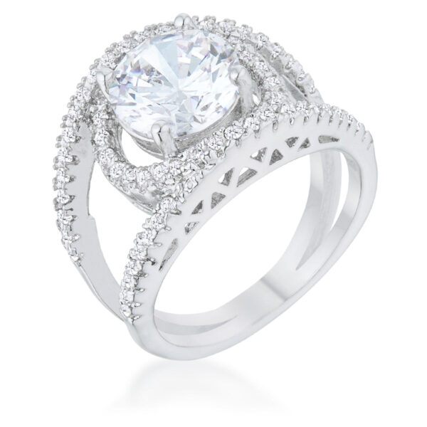 Rhodium plated ring with a round cubic zirconia stone set in prongs, front view