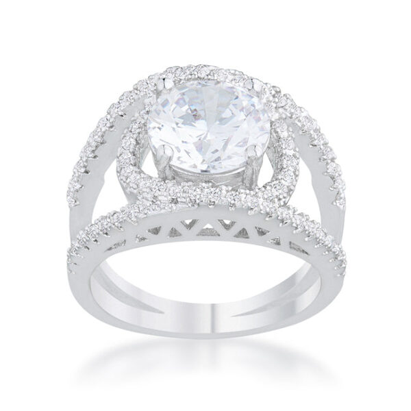 Ring shown at an angle highlighting the width of the band and the setting of the stone