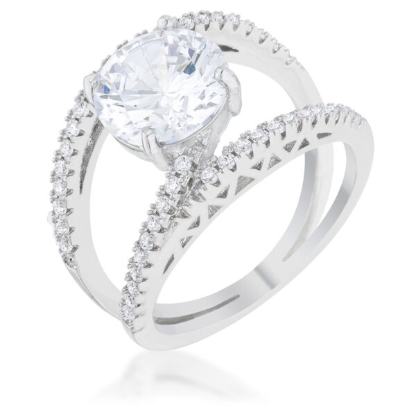 Rhodium plated ring with round clear cubic zirconia stones set in prongs, front view
