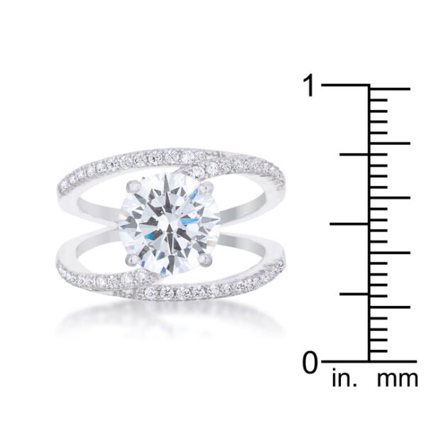Close-up of the ring's prong setting holding round clear cubic zirconia stones