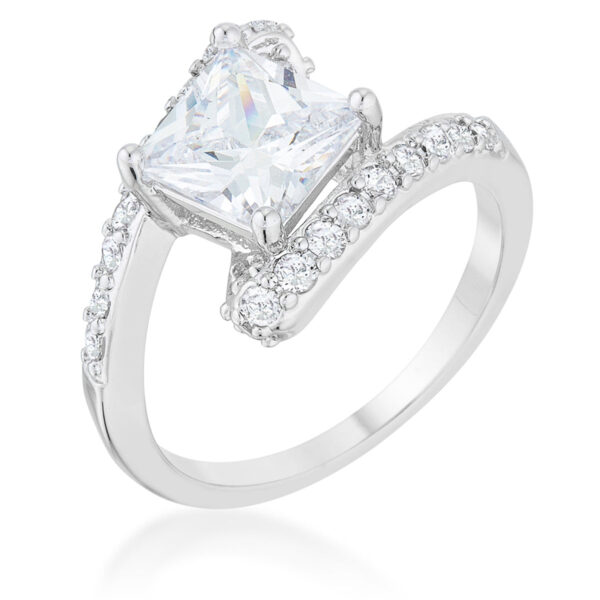 Rhodium plated ring with round cubic zirconia stones set in prongs, front facing view