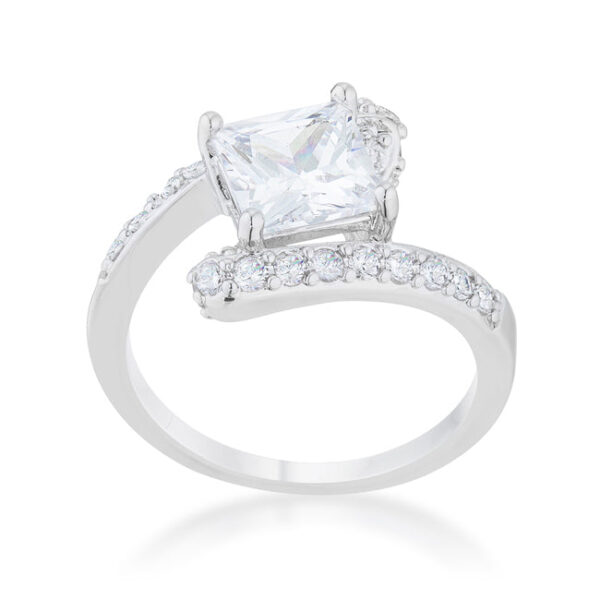Side angle of the rhodium plated ring showing the band width and stone setting