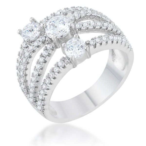 Round cubic zirconia statement ring in a prong setting with a rhodium plated finish, front view