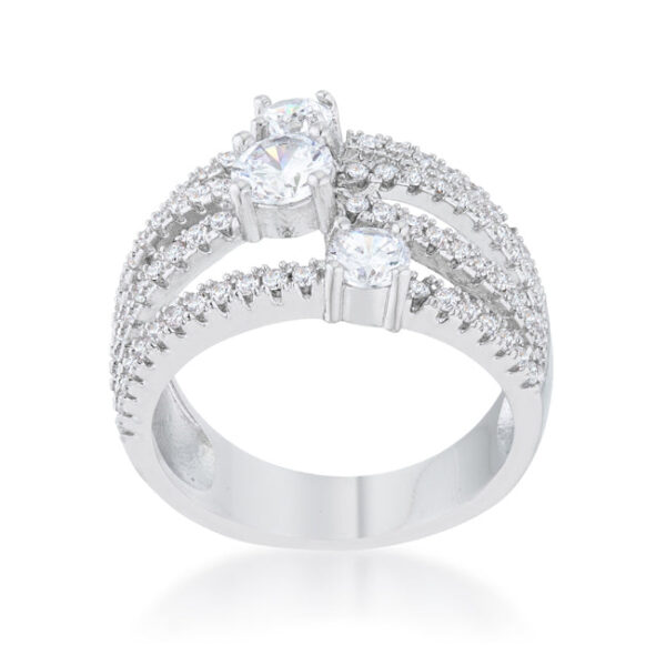 Side angle of the statement ring showing the rhodium plated band and setting
