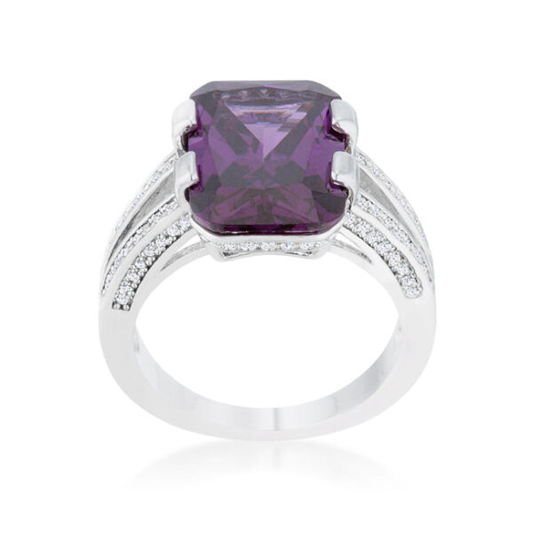 Side angle of the rhodium plated ring showing the band width and prong setting