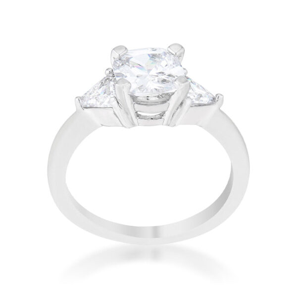 Side angle of the rhodium plated ring showing the band width and prong setting