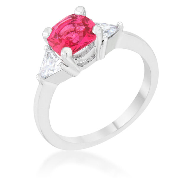 Statement ring with a prong-set cushion cut center stone on a rhodium plated band