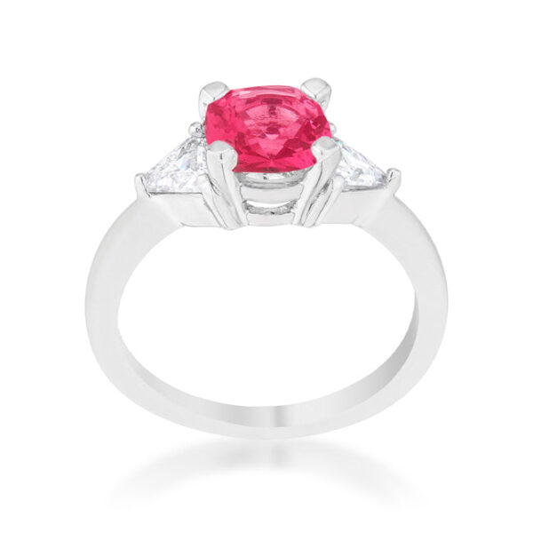 Side angle of the ring showing the open prong setting around the cushion cut stone