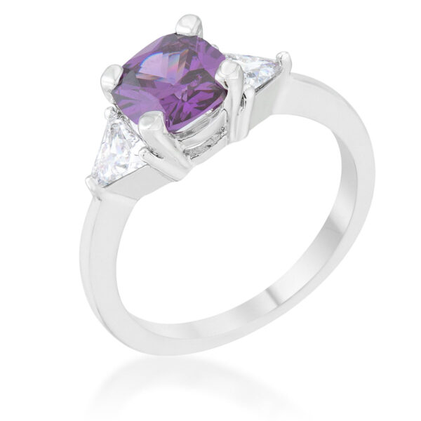 Cushion cut amethyst-colored cubic zirconia statement ring with rhodium plated band, front view