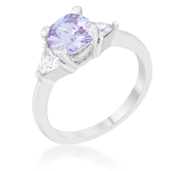 Cushion cut clear cubic zirconia ring in a prong setting with a rhodium plated band