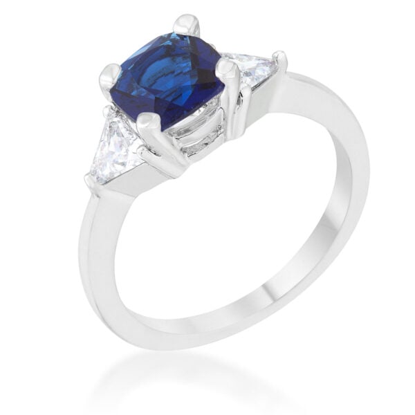 Cushion cut sapphire-colored cubic zirconia ring on a rhodium plated band