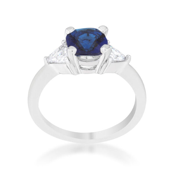 Side angle of the rhodium plated ring showing the prong setting holding the center stone