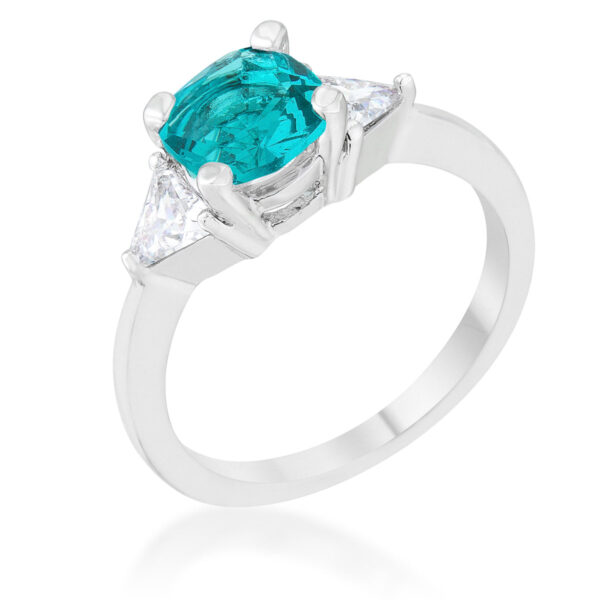Rhodium plated ring with a clear cushion cut cubic zirconia center stone, front view