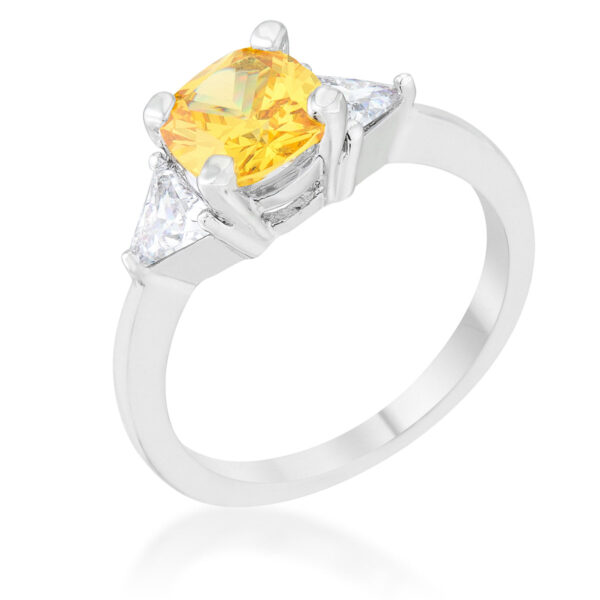 Rhodium plated ring with a canary cushion cut cubic zirconia center stone held in prongs
