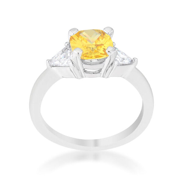 Side angle of the rhodium plated statement ring showing the prong setting around the canary center stone