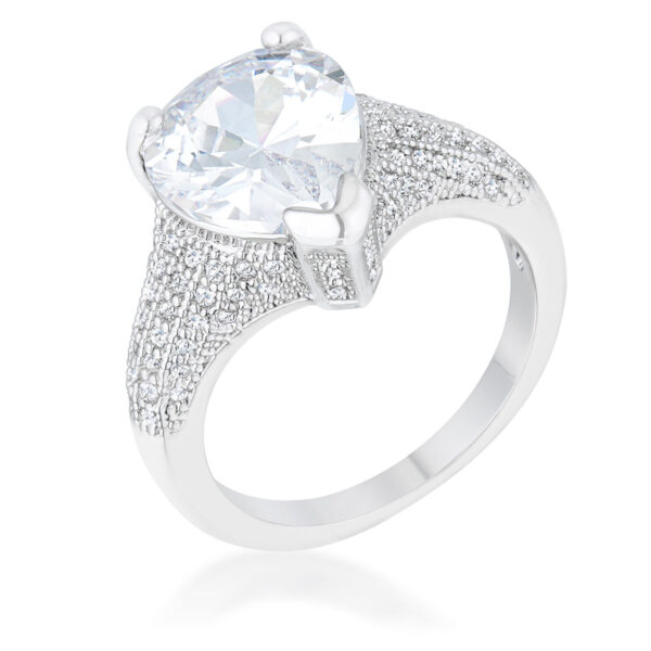 Rhodium plated cocktail ring with a pear-cut cubic zirconia stone set in prongs