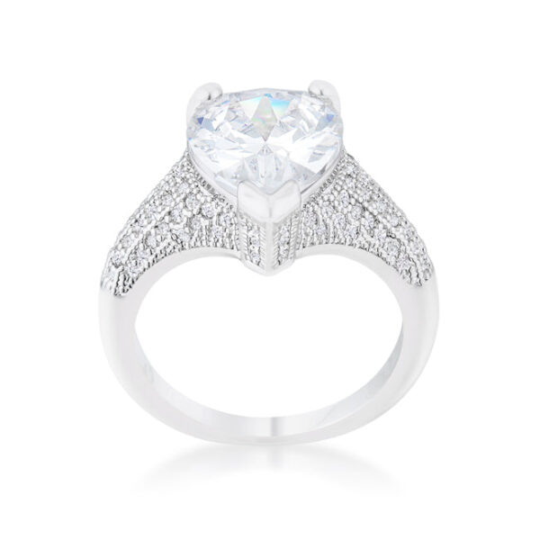 Side angle of the rhodium plated ring showing the band width and prong setting