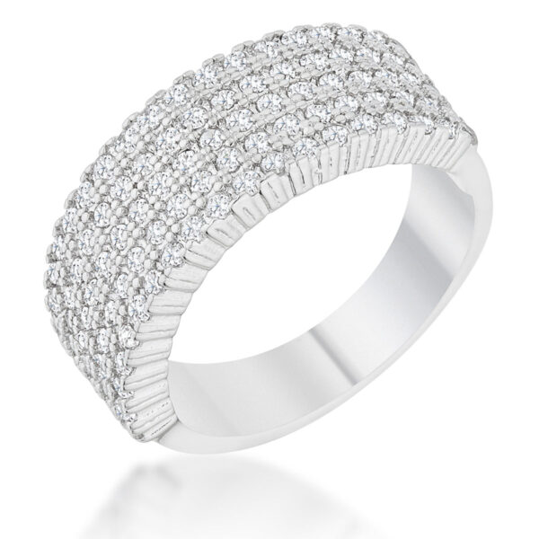 Wide rhodium plated ring with a pave band of round cubic zirconia stones, shown from above
