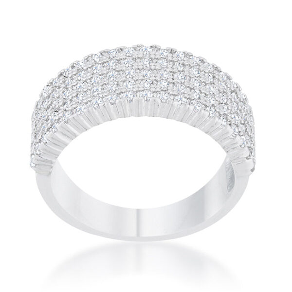 Side angle of the wide rhodium plated ring showing the depth of the pave-set band