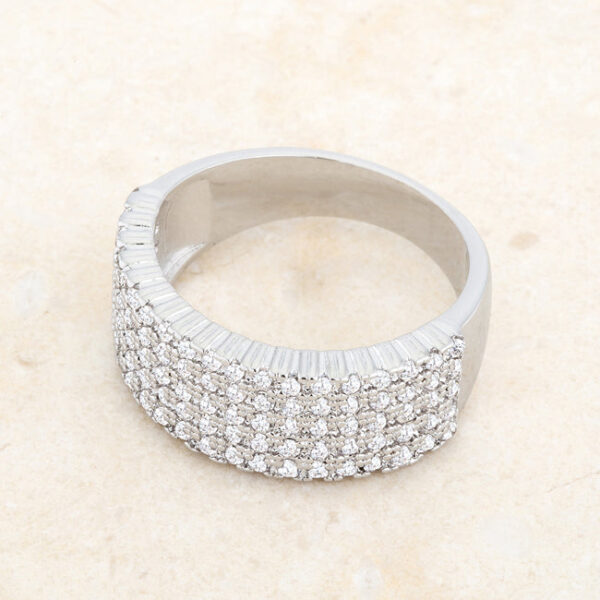 Rhodium plated cubic zirconia ring standing upright against a plain background