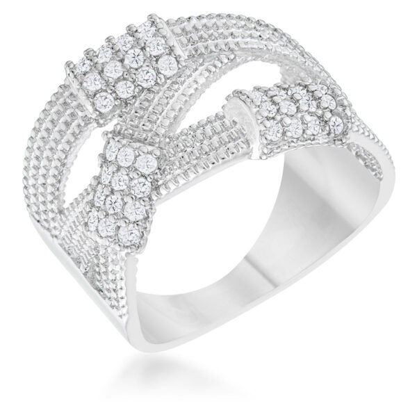 Wide cable statement ring with pave-set pink cubic zirconia stones under bright light
