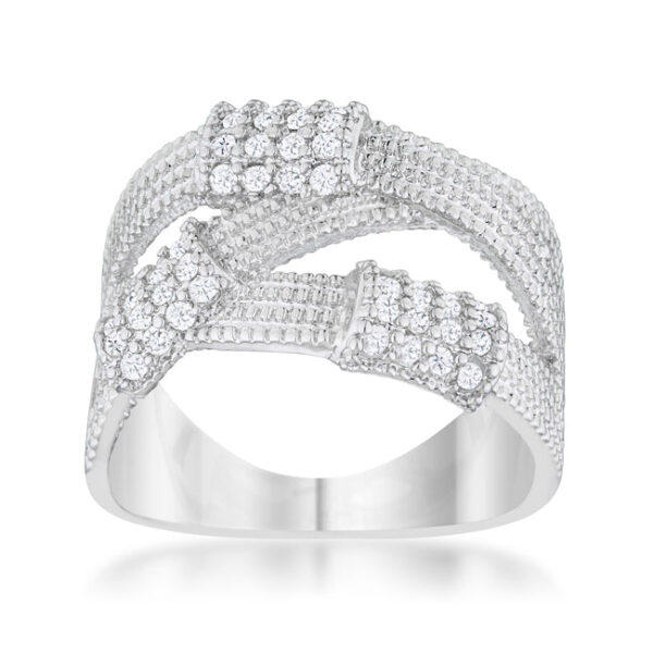 Close-up angle of the rhodium plated band showing the pave stone setting