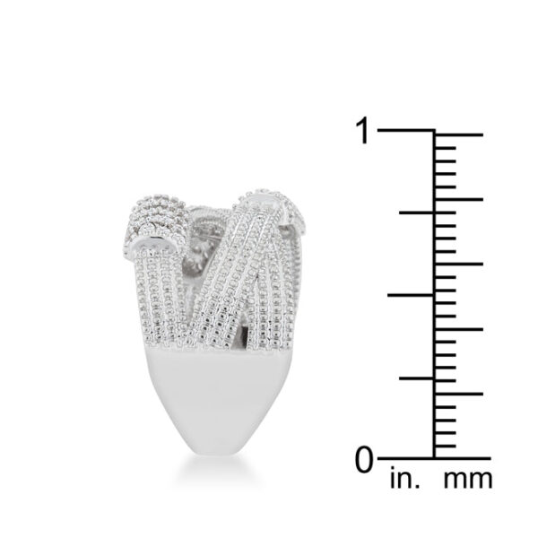 Ring shown at an angle to display the rhodium plated finish and stone arrangement
