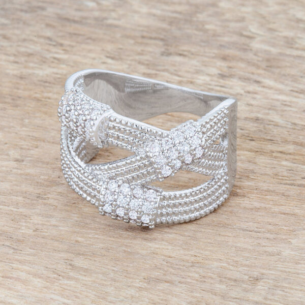 Detailed view of the ring's band and pave stones against a plain background