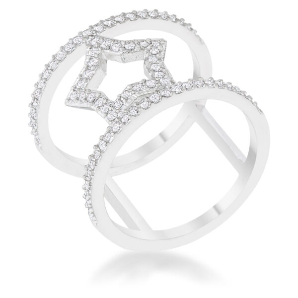 Star-shaped ring with pave-set round cubic zirconia stones and a rhodium plated band, front view